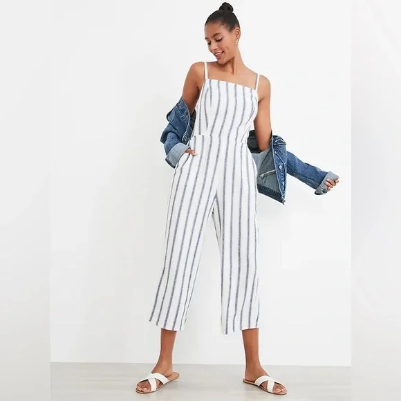 Old Navy Women’s Large Linen Blend Striped Jumpsuit White Blue Summer Spring - Picture 1 of 10